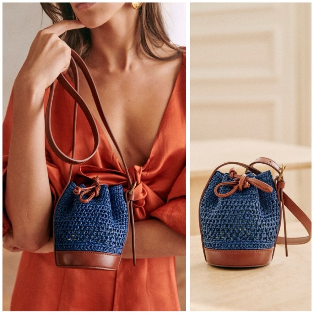 Sezane Nano Farrow Raffia Bucket Bag Blue & Brown Leather NWT​